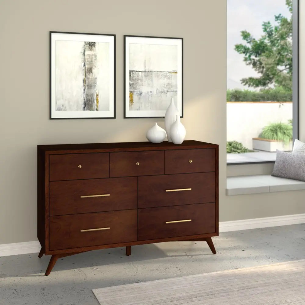 60" Walnut Solid Wood Seven Drawer Double Dresser HomeRoots