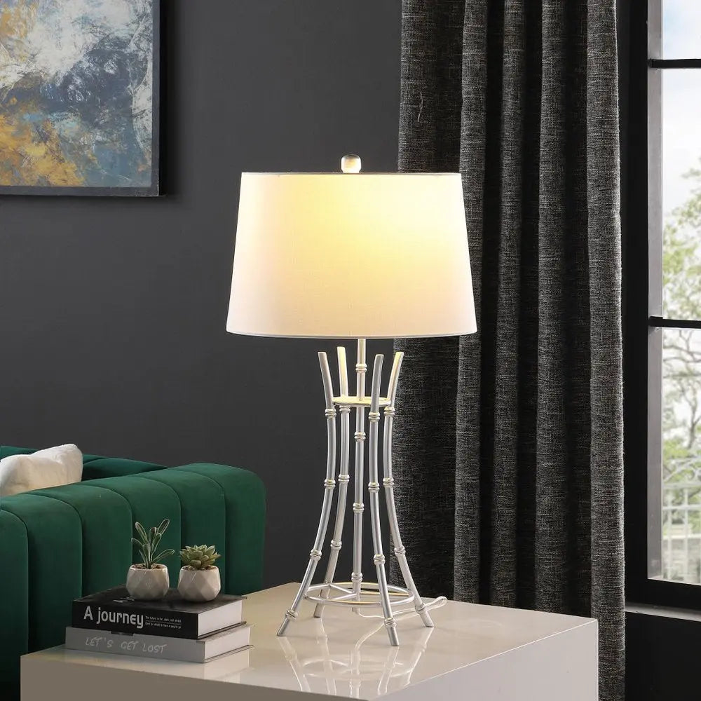 29" Silver Bamboo Design Table Lamp With Off White Drum Shade HomeRoots