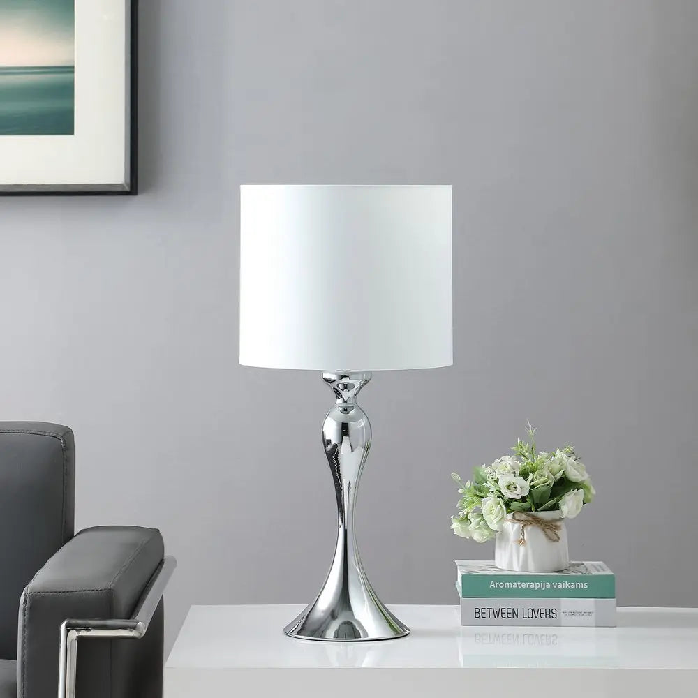 25" Silver Sleek Table Lamp With Off White Drum Shade HomeRoots