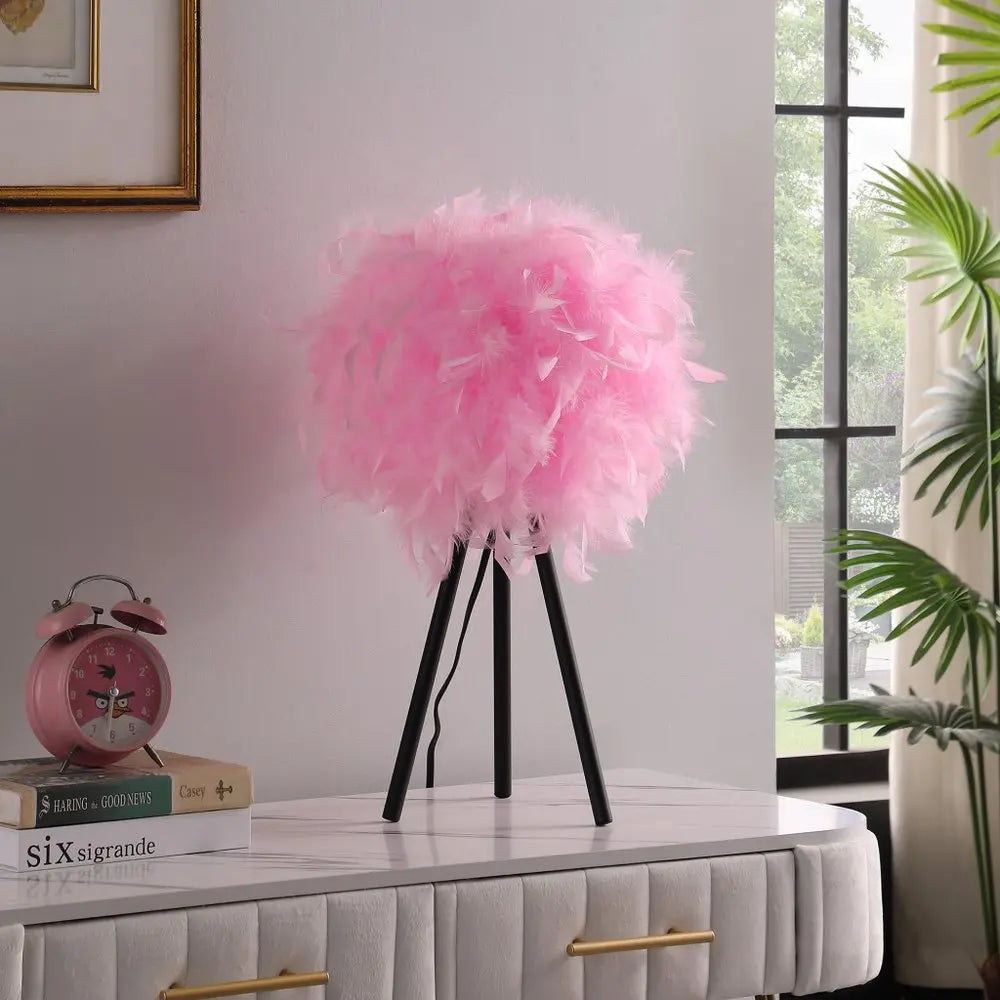 21" Black Tripod Table Lamp With Pink Faux Feather Shade HomeRoots