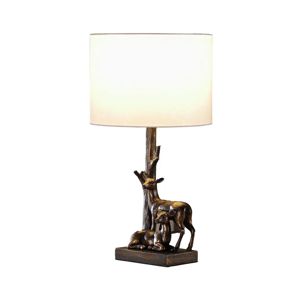 20" Bronze Mom and Baby Deer Table Lamp With White Drum Shade HomeRoots