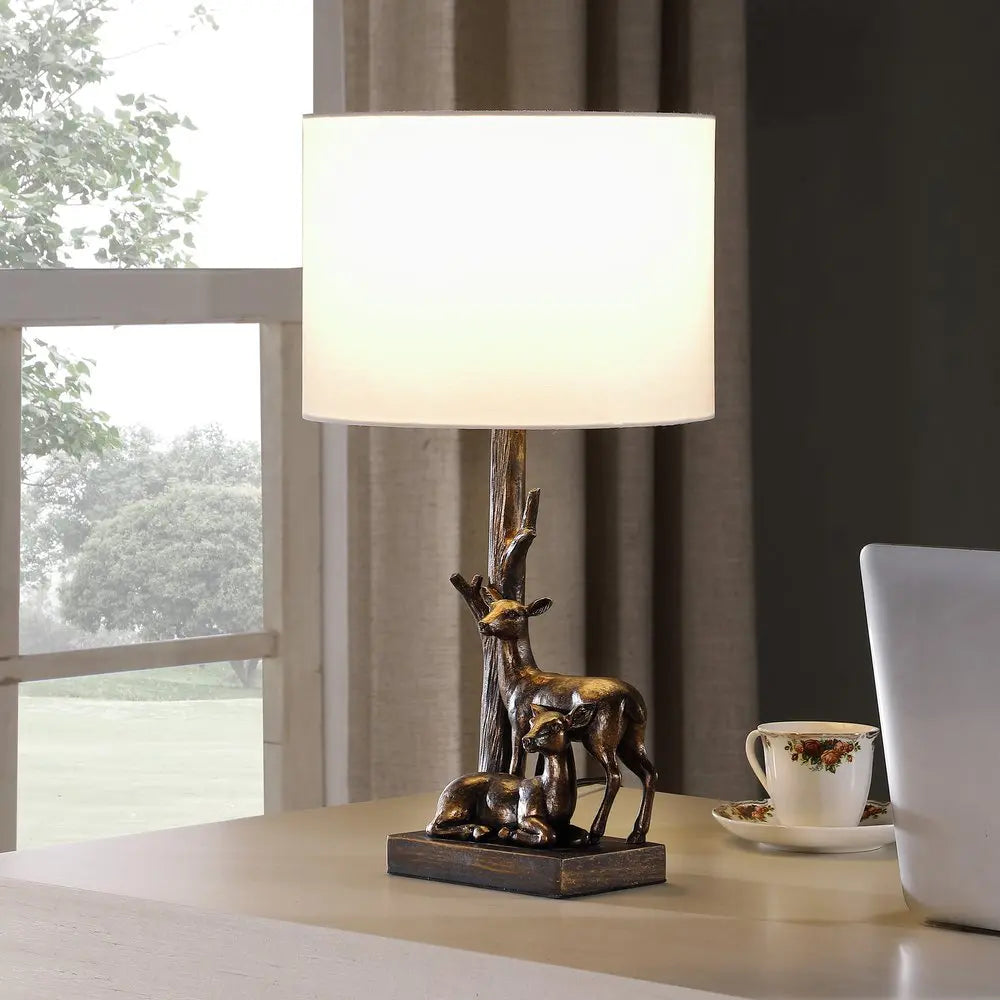 20" Bronze Mom and Baby Deer Table Lamp With White Drum Shade HomeRoots