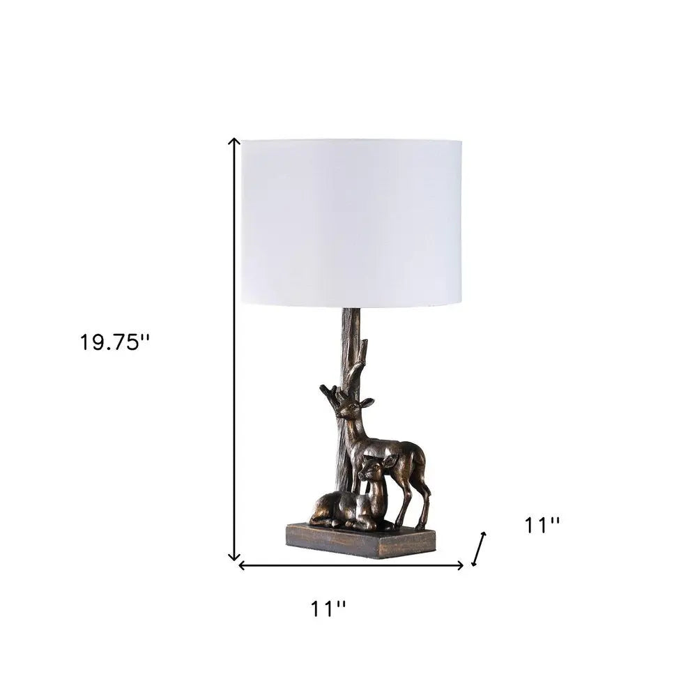 20" Bronze Mom and Baby Deer Table Lamp With White Drum Shade HomeRoots
