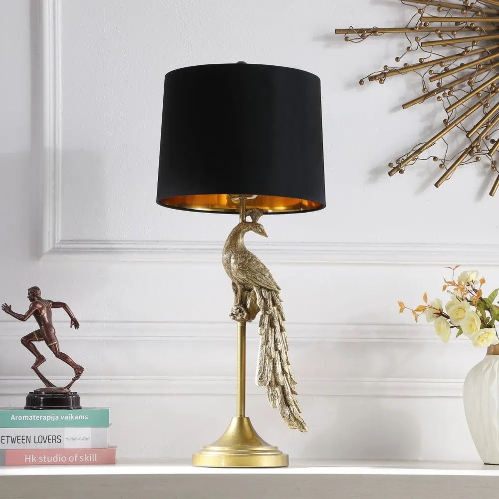 29" Gold Peacock Table Lamp With Black Drum Shade HomeRoots