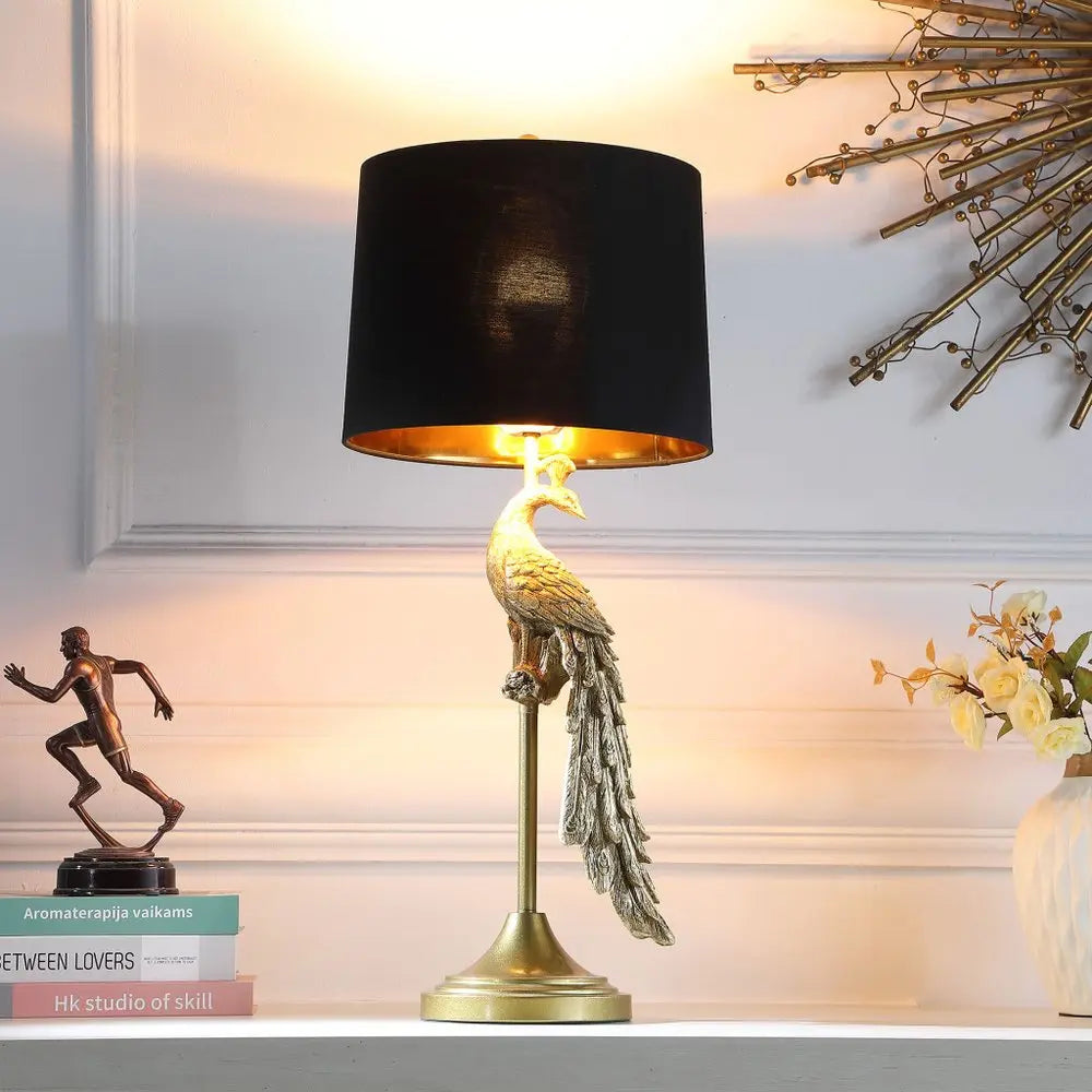 29" Gold Peacock Table Lamp With Black Drum Shade HomeRoots