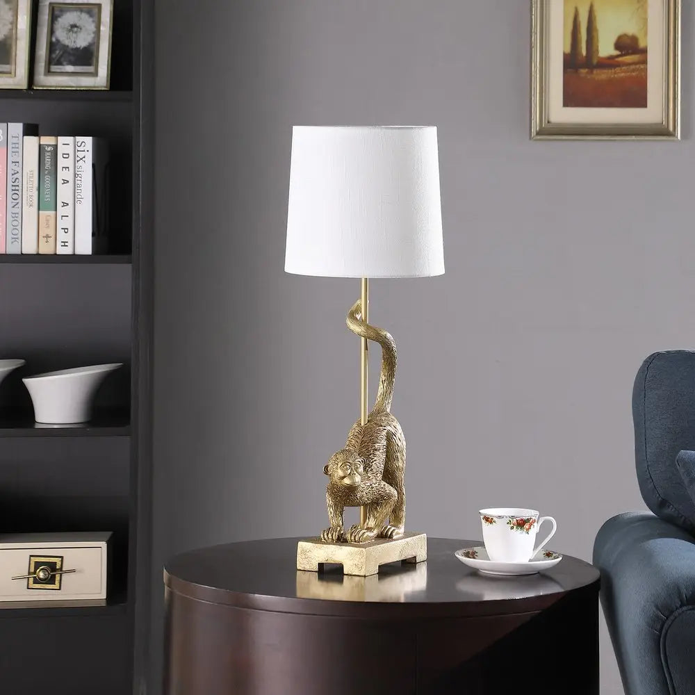 24" Gold Monkey Table Lamp With White Drum Shade HomeRoots