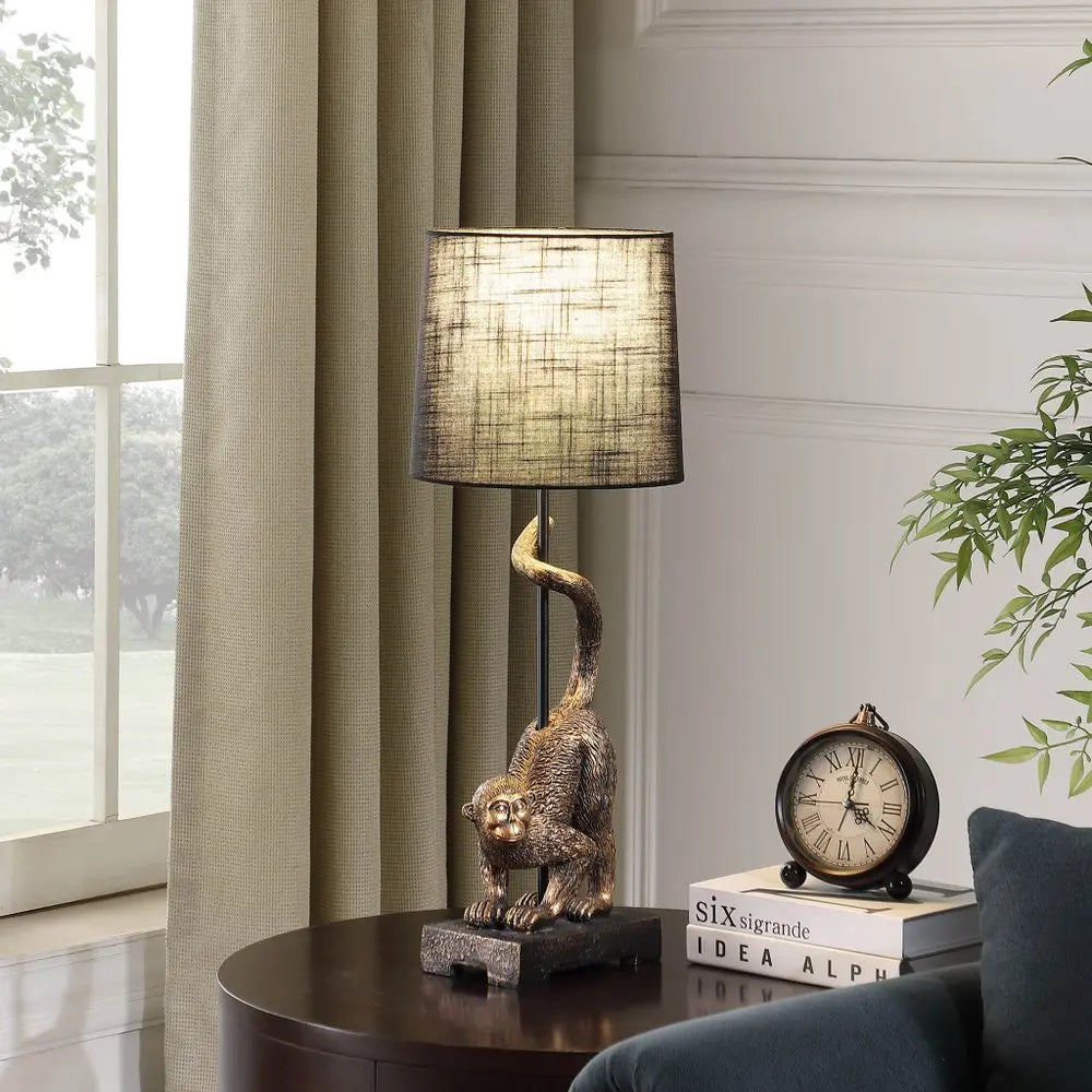 24" Antiqued Gold Monkey Table Lamp With Black Drum Shade HomeRoots