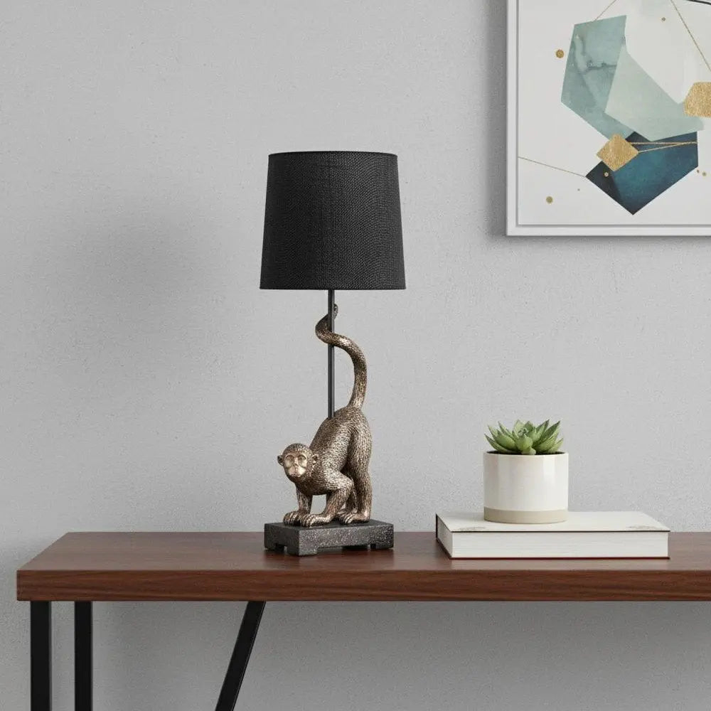 24" Antiqued Gold Monkey Table Lamp With Black Drum Shade HomeRoots