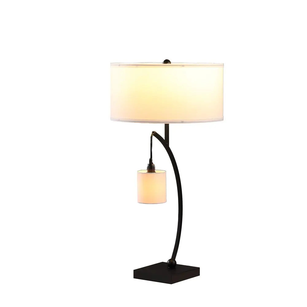 29" Black Metal Two Light Arched Table Lamp With White Drum Shade HomeRoots
