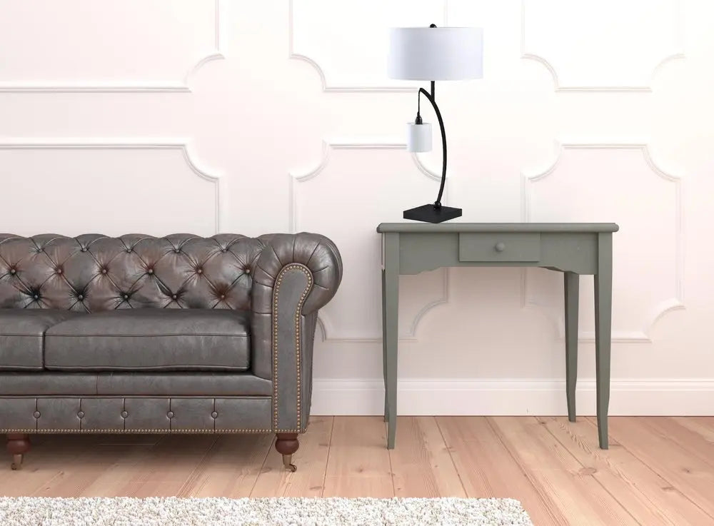 29" Black Metal Two Light Arched Table Lamp With White Drum Shade HomeRoots