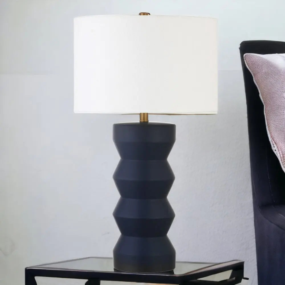 28" Navy Blue Ceramic Table Lamp With White Drum Shade HomeRoots
