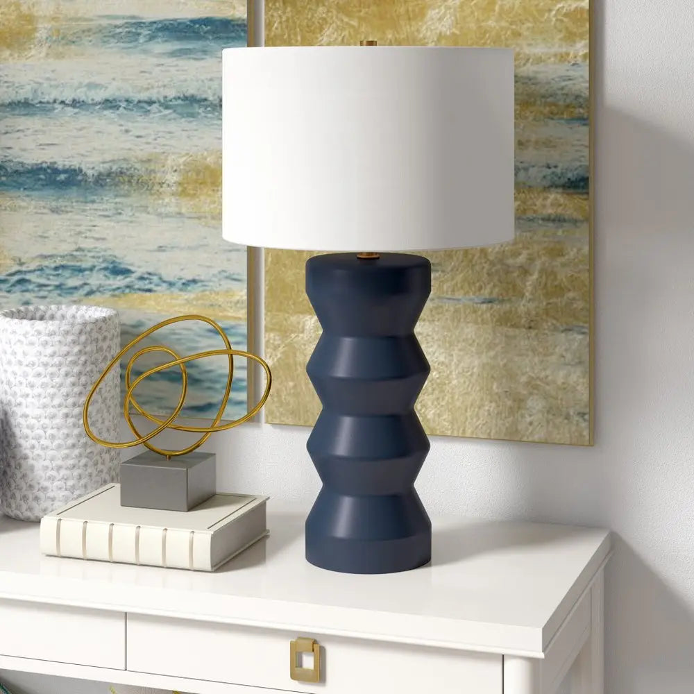 28" Navy Blue Ceramic Table Lamp With White Drum Shade HomeRoots