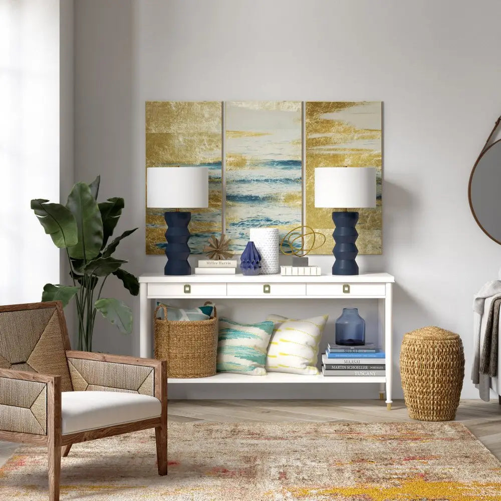 28" Navy Blue Ceramic Table Lamp With White Drum Shade HomeRoots