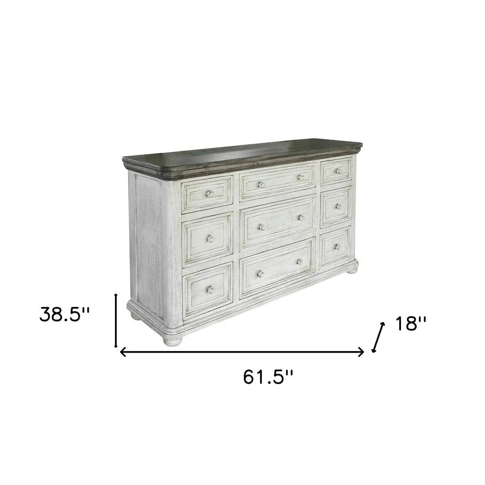 62" Gray and Ivory Solid Wood Nine Drawer Triple Dresser HomeRoots