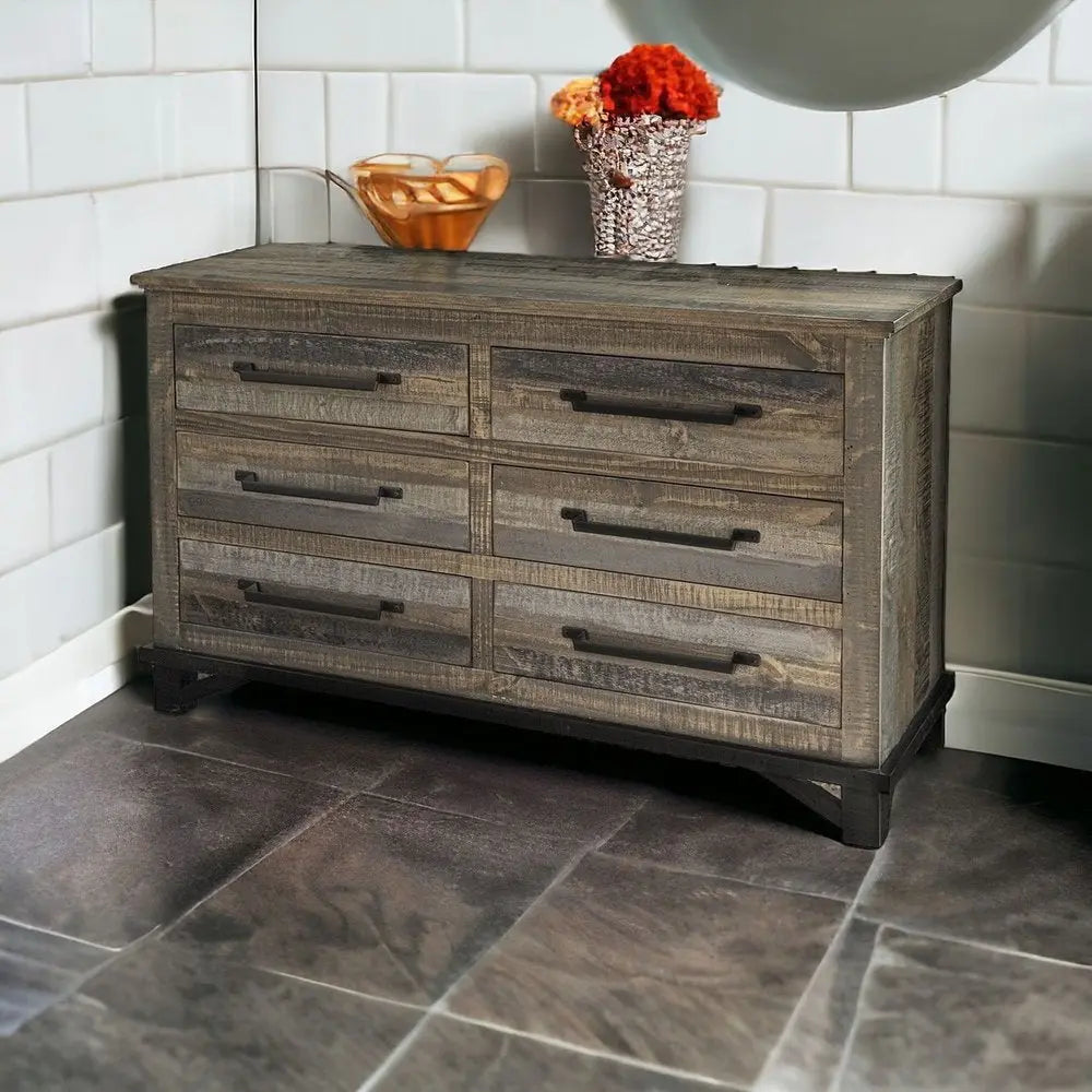 62" Brown Solid Wood Six Drawer Double Dresser HomeRoots