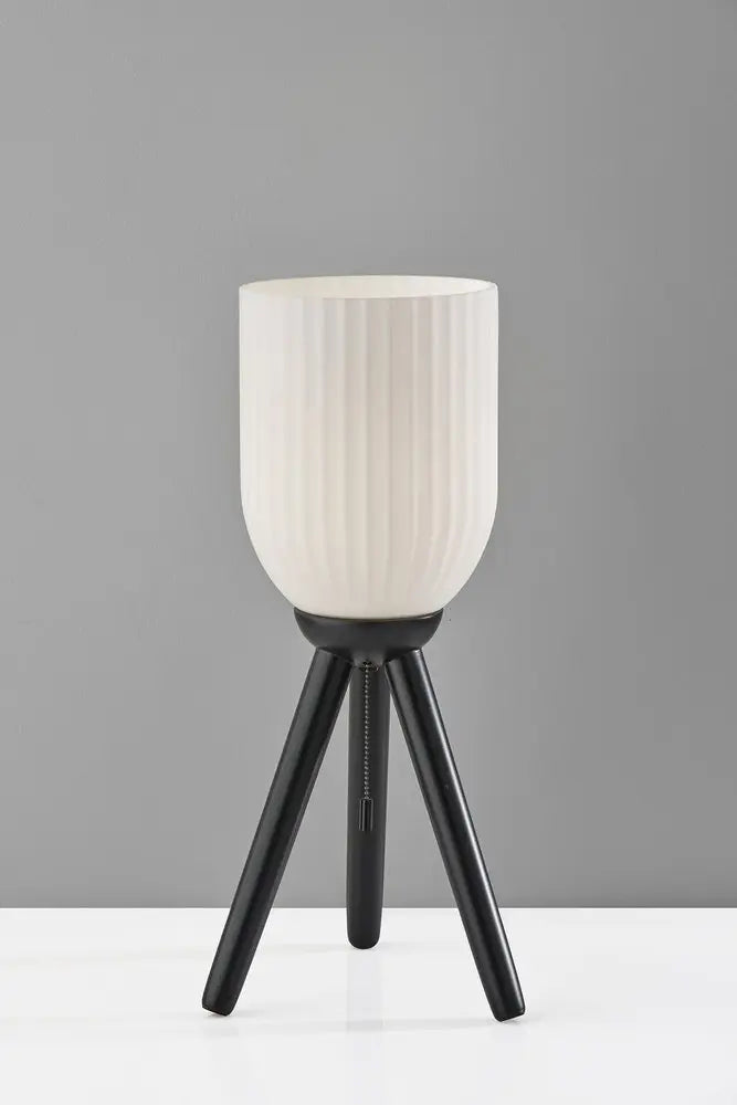 23" Black Solid Wood Tripod Table Lamp With White Ribbed Glass Shade HomeRoots