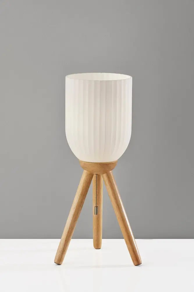 23" Natural Solid Wood Tripod Table Lamp With White Ribbed Glass Shade HomeRoots