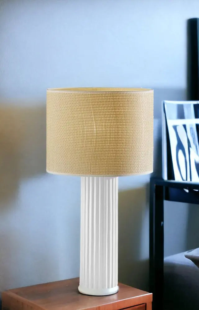 24" White Ceramic Cylinder Table Lamp With Beige Drum Shade HomeRoots