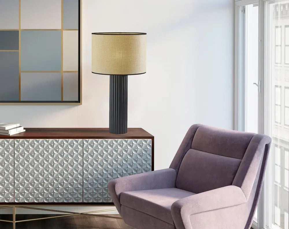 29" Black Ceramic Cylinder Table Lamp With Beige Drum Shade HomeRoots