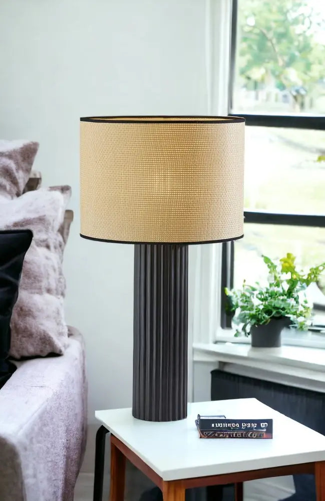 29" Black Ceramic Cylinder Table Lamp With Beige Drum Shade HomeRoots