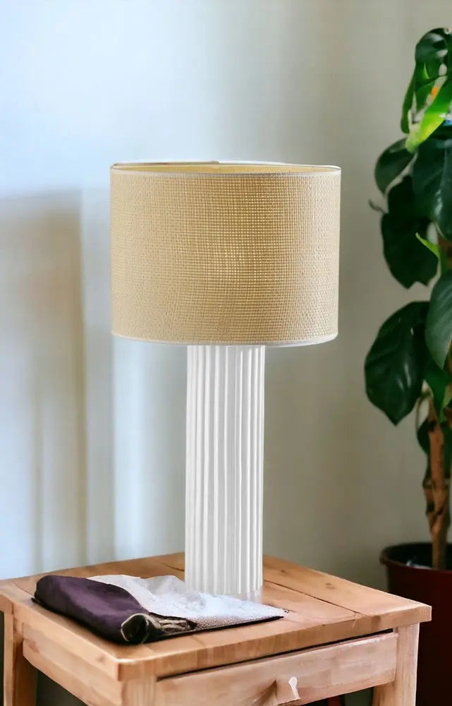 29" White Ceramic Cylinder Table Lamp With Beige Drum Shade HomeRoots