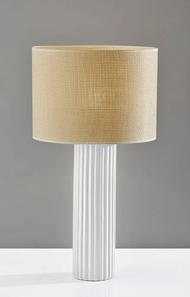 29" White Ceramic Cylinder Table Lamp With Beige Drum Shade HomeRoots
