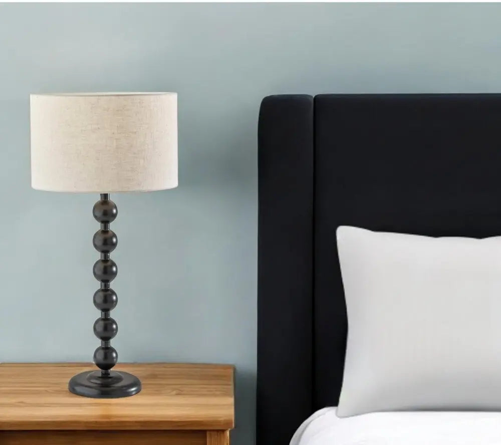 28" Black Solid Wood Candlestick Table Lamp With Off White Drum Shade HomeRoots