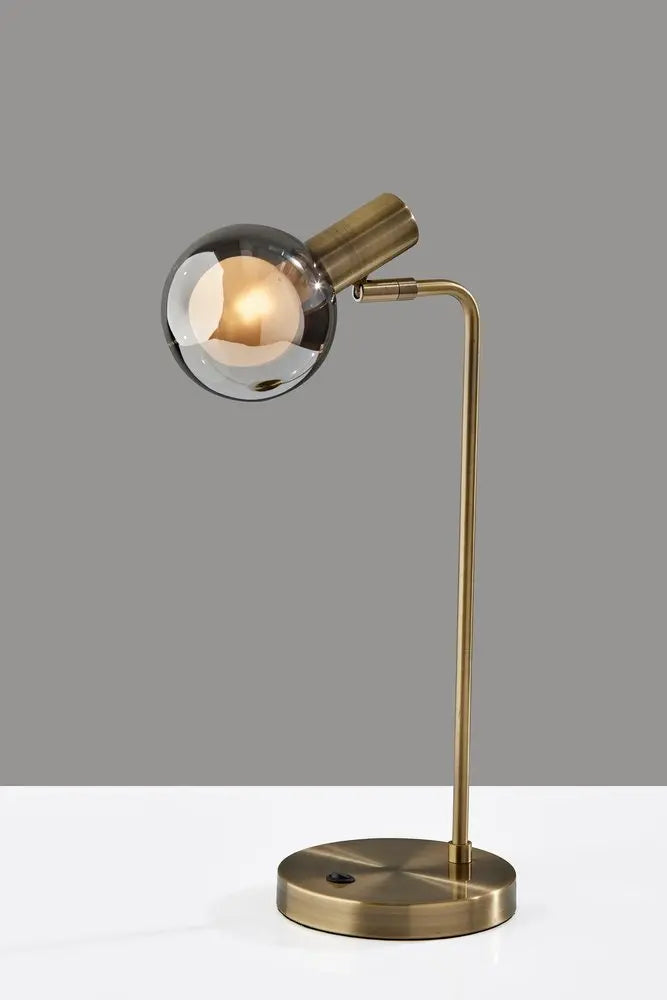 18" Antiqued Brass Metal Cylinder Desk Table Lamp With Gray Globe Shade With Starling LED Bulb HomeRoots
