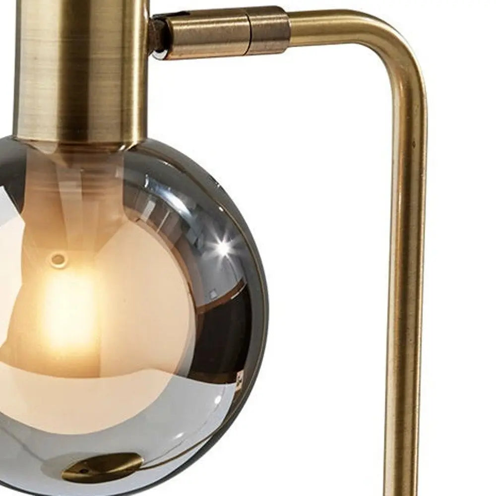 18" Antiqued Brass Metal Cylinder Desk Table Lamp With Gray Globe Shade With Starling LED Bulb HomeRoots