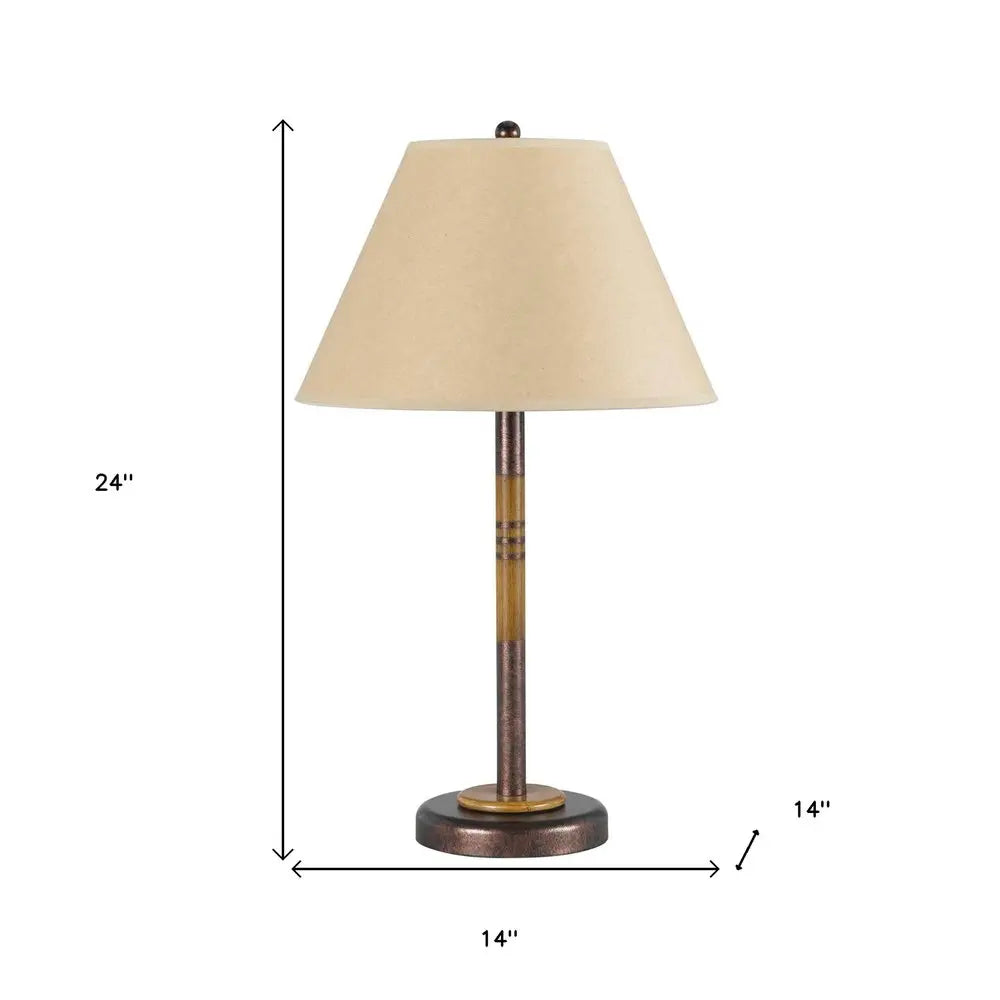 24" Rustic Bronze and Oak Metal Table Lamp With Brown Empire Shade HomeRoots