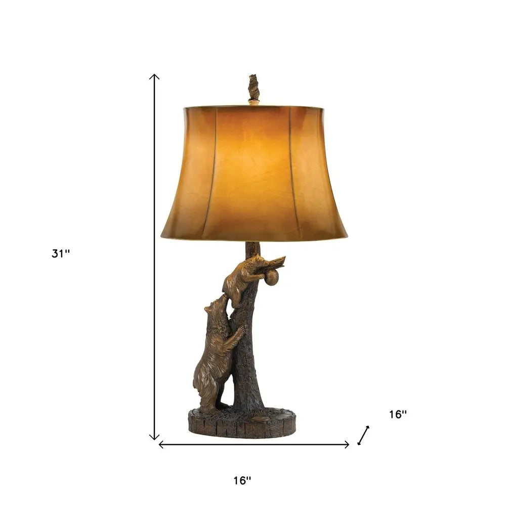 31" Bronze Bears After the Honey Table Lamp With Brown Faux Leather Shade HomeRoots