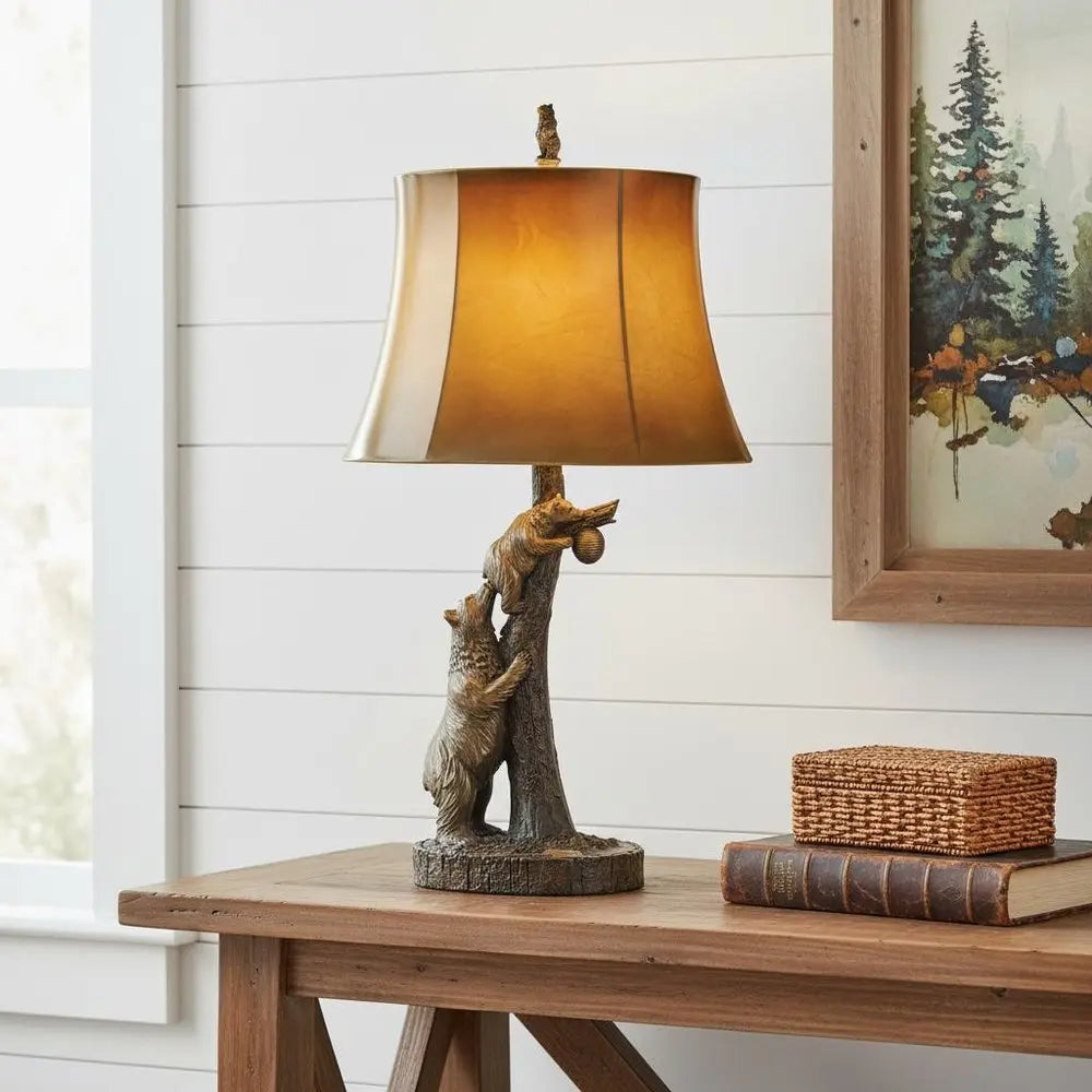 31" Bronze Bears After the Honey Table Lamp With Brown Faux Leather Shade HomeRoots