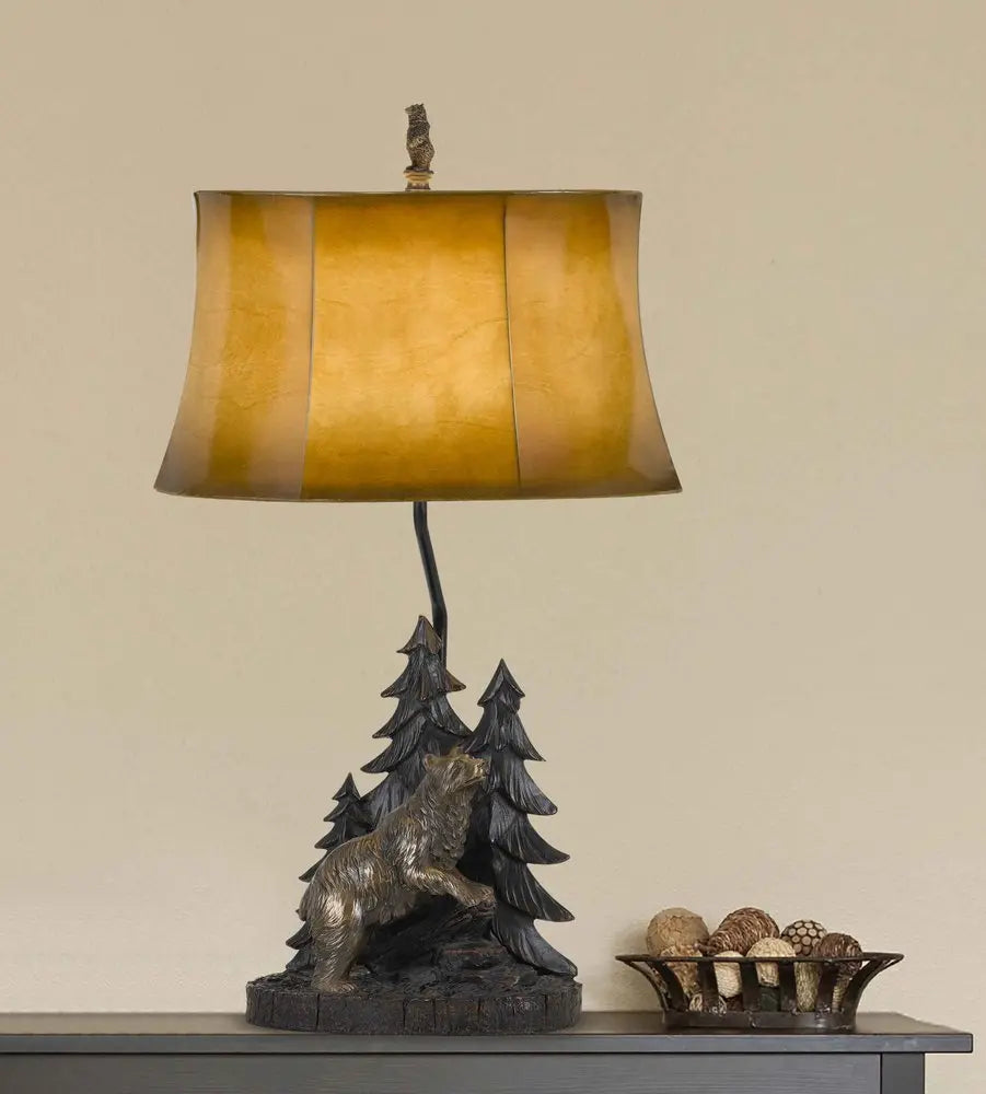 29" Antiqued Bronze Novelty Table Lamp With Brown Bell Shade HomeRoots