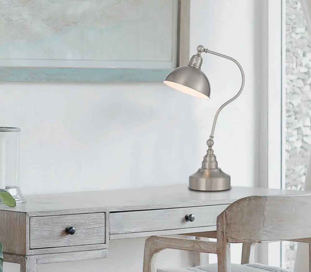 25" Nickel Metal Lantern Desk Table Lamp With Nickel Dome Shade HomeRoots