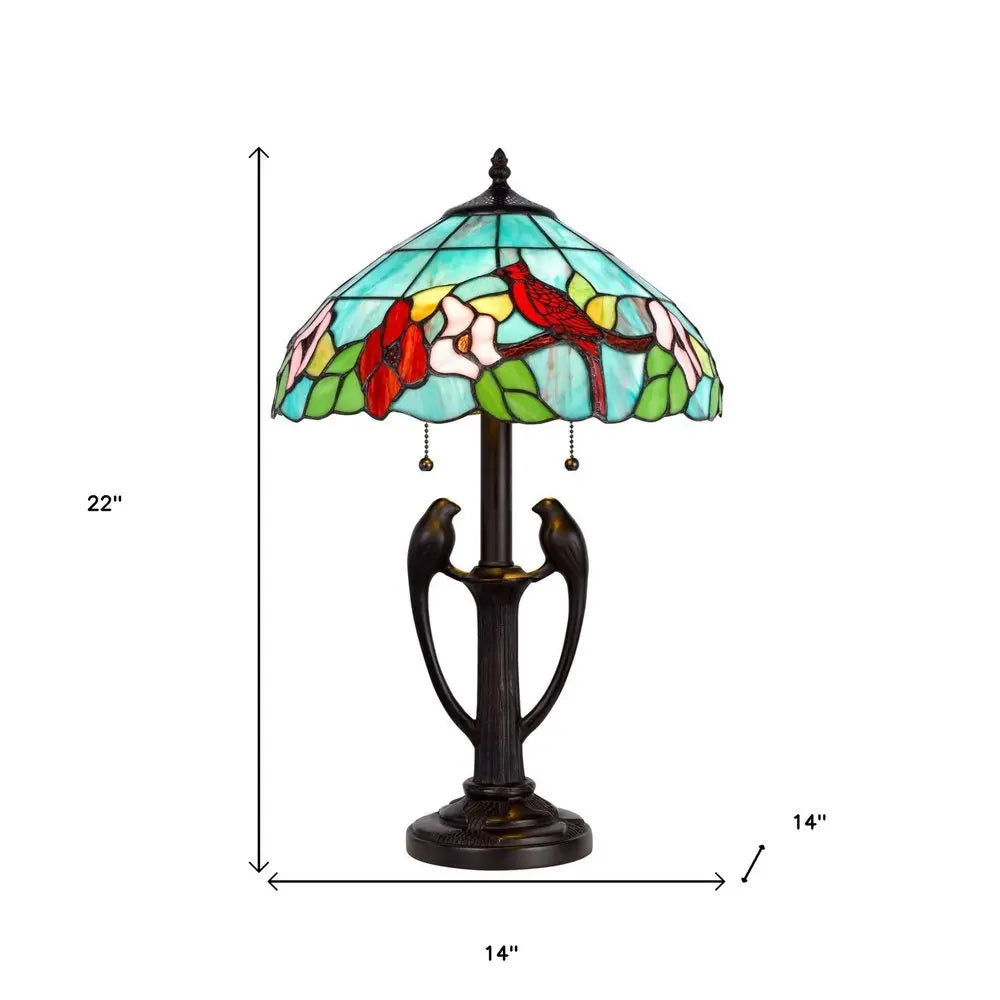 22" Bronze Two Light Tiffany Table Lamp With Aqua and Red Floral Shade HomeRoots
