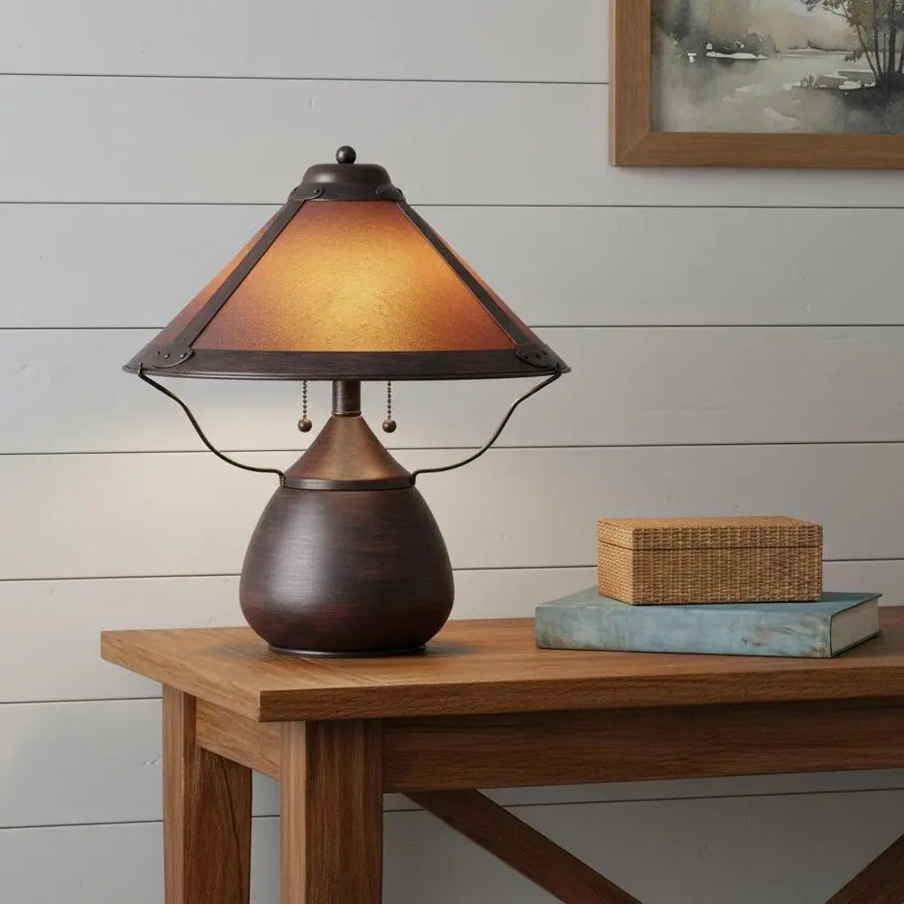 17" Rust Metal Two Light Round Table Lamp With Amber Empire Shade HomeRoots