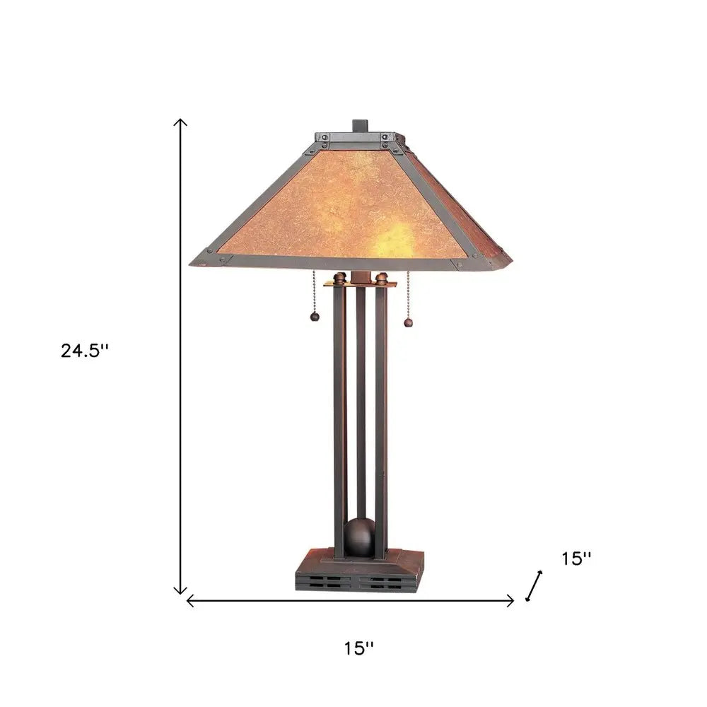 25" Gray Metal Two Light Cylinder Table Lamp With Amber Square Shade HomeRoots