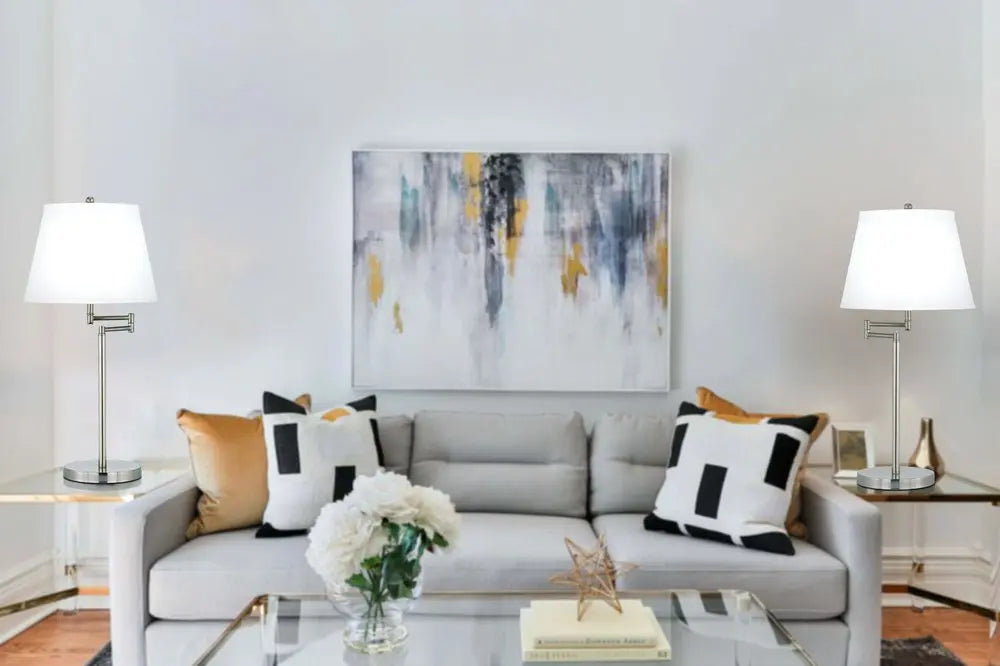 28" Nickel Metal Table Lamp With Off White Empire Shade HomeRoots