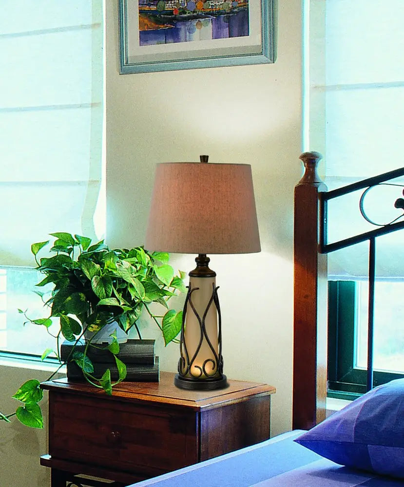 30" Brown Metal Two Light Table Lamp With Brown Empire Shade HomeRoots