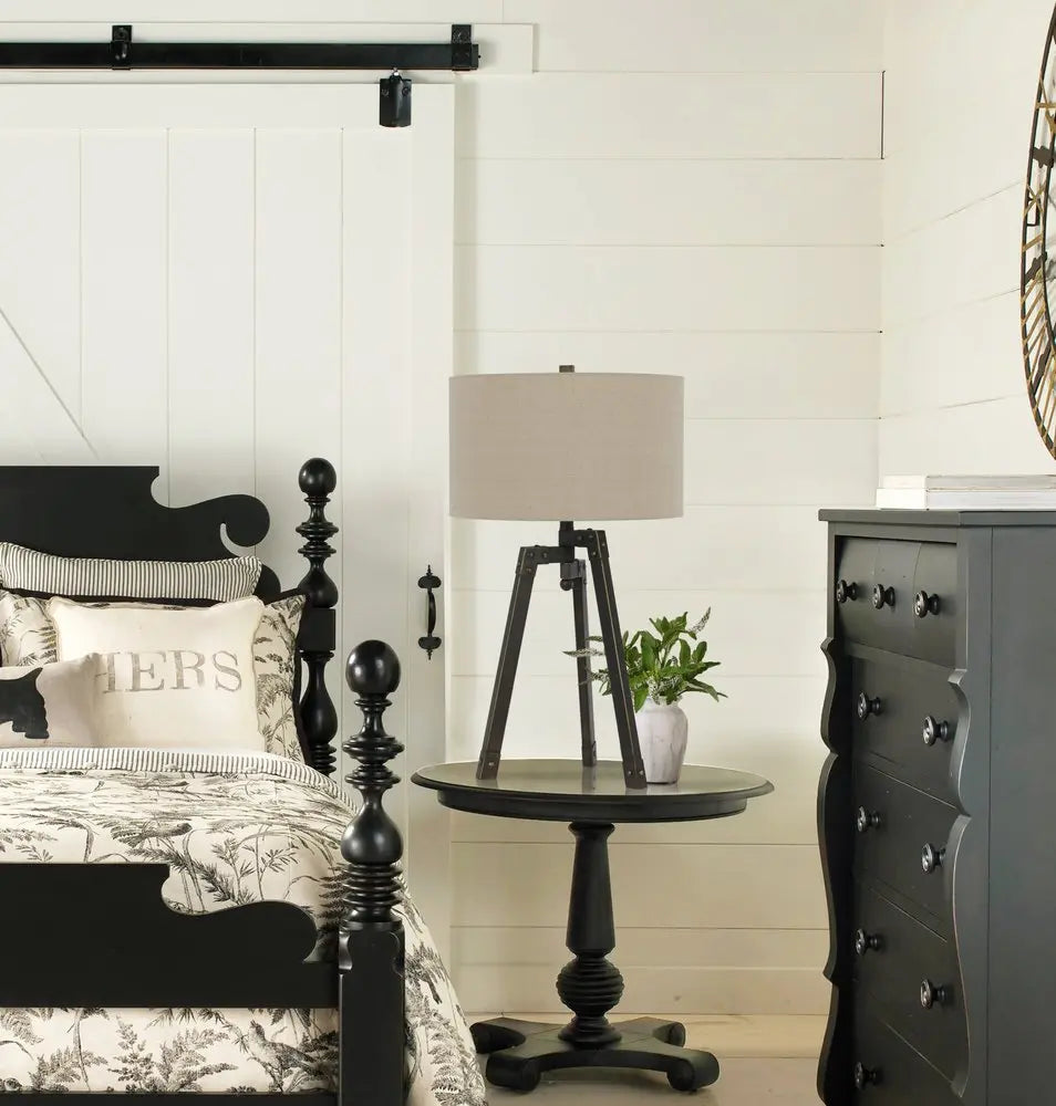 32" Charcoal Metal Tripod Table Lamp With Tan Drum Shade HomeRoots