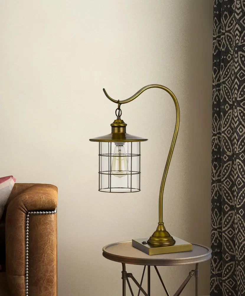 25" Antiqued Brass Metal Lantern Desk Lamp With Antiqued Brass Drum Shade HomeRoots