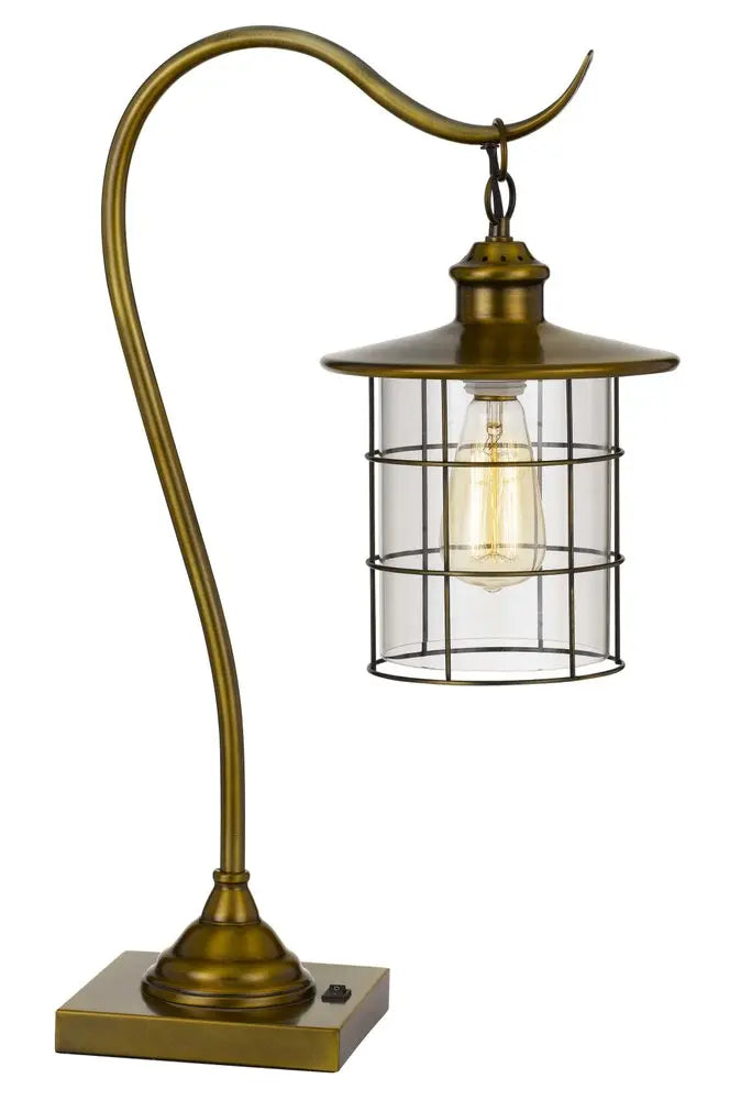 25" Antiqued Brass Metal Lantern Desk Lamp With Antiqued Brass Drum Shade HomeRoots