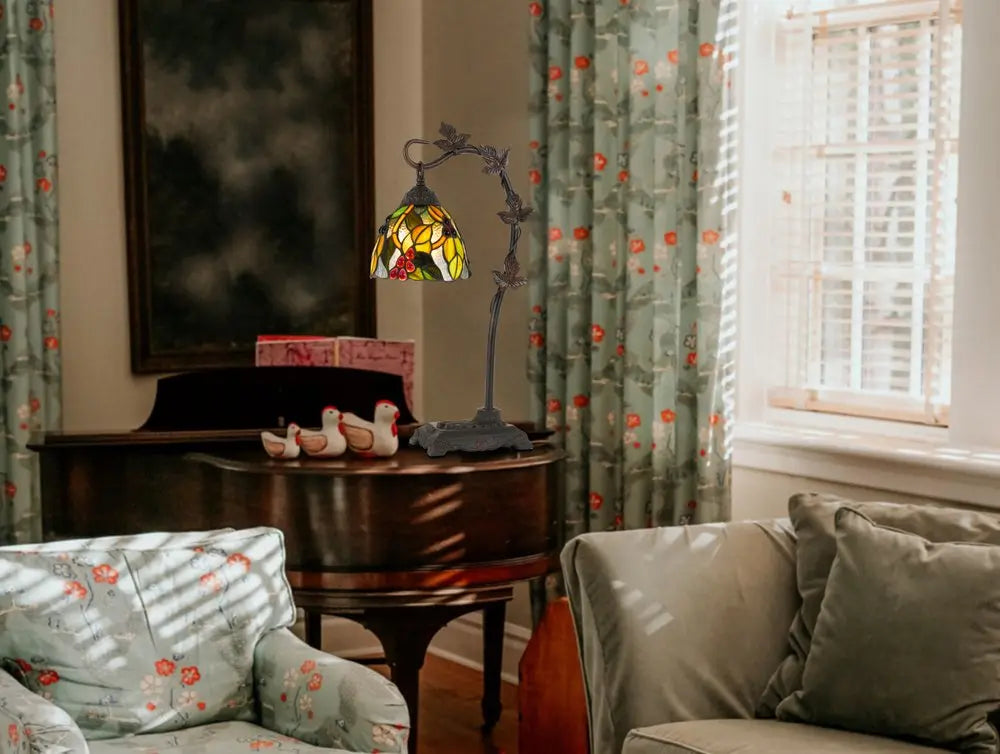 24" Bronze Metal Tiffany Style Table Lamp With Hanging Stained Glass Shade HomeRoots