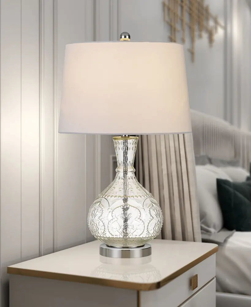 27" Clear Metal Round Table Lamp With White Shade HomeRoots