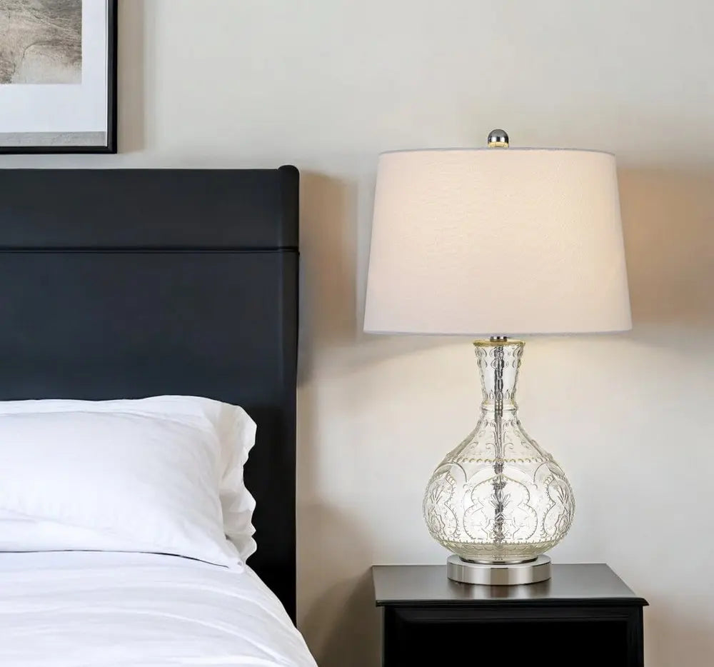 27" Clear Metal Round Table Lamp With White Shade HomeRoots