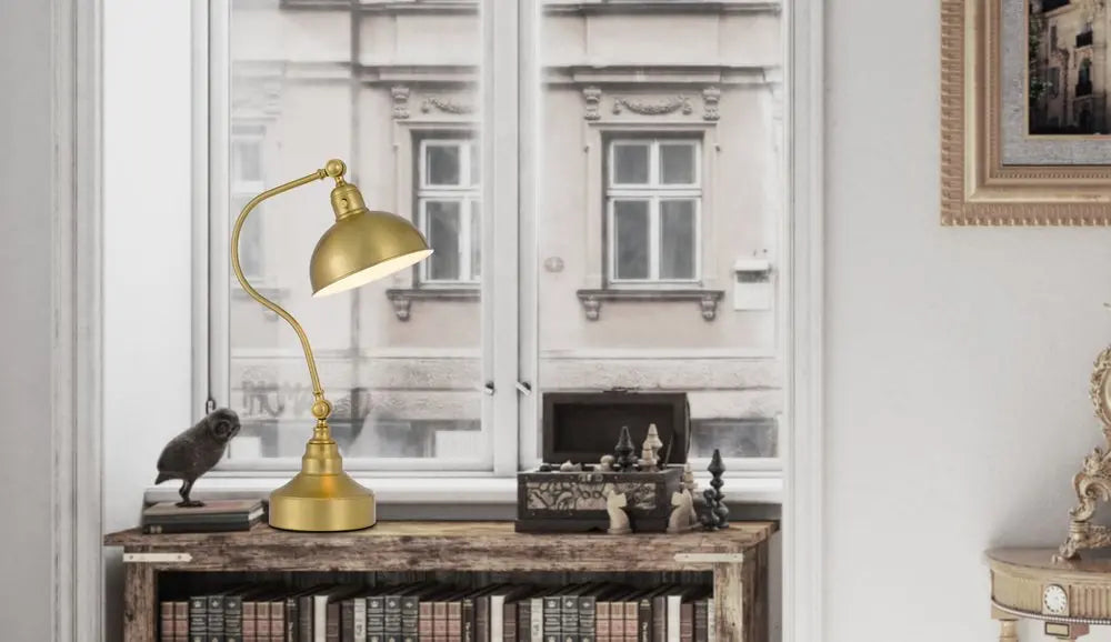 25" Antiqued Brass Metal Lantern Desk Lamp With Antiqued Brass Dome Shade HomeRoots