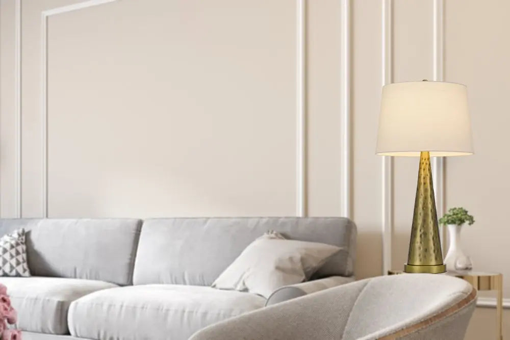 27" Antiqued Brass Metal Geometric Table Lamp With White Empire Shade HomeRoots