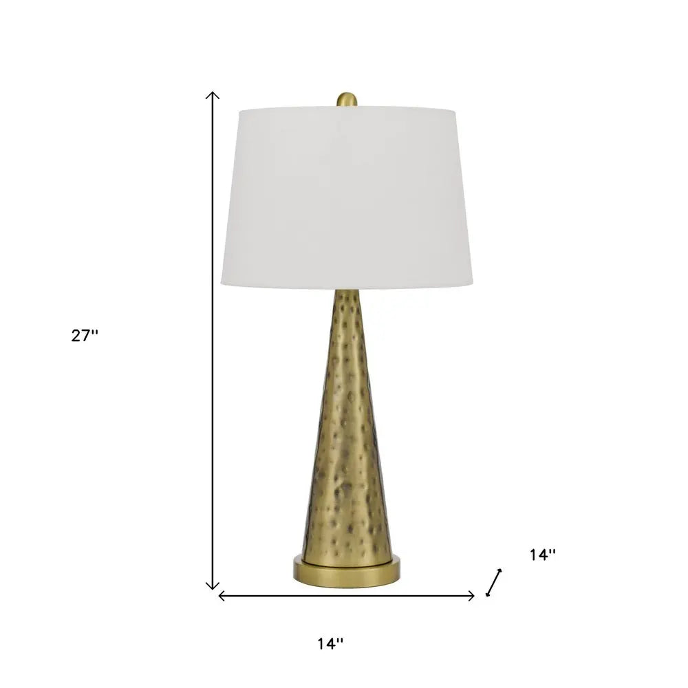 27" Antiqued Brass Metal Geometric Table Lamp With White Empire Shade HomeRoots