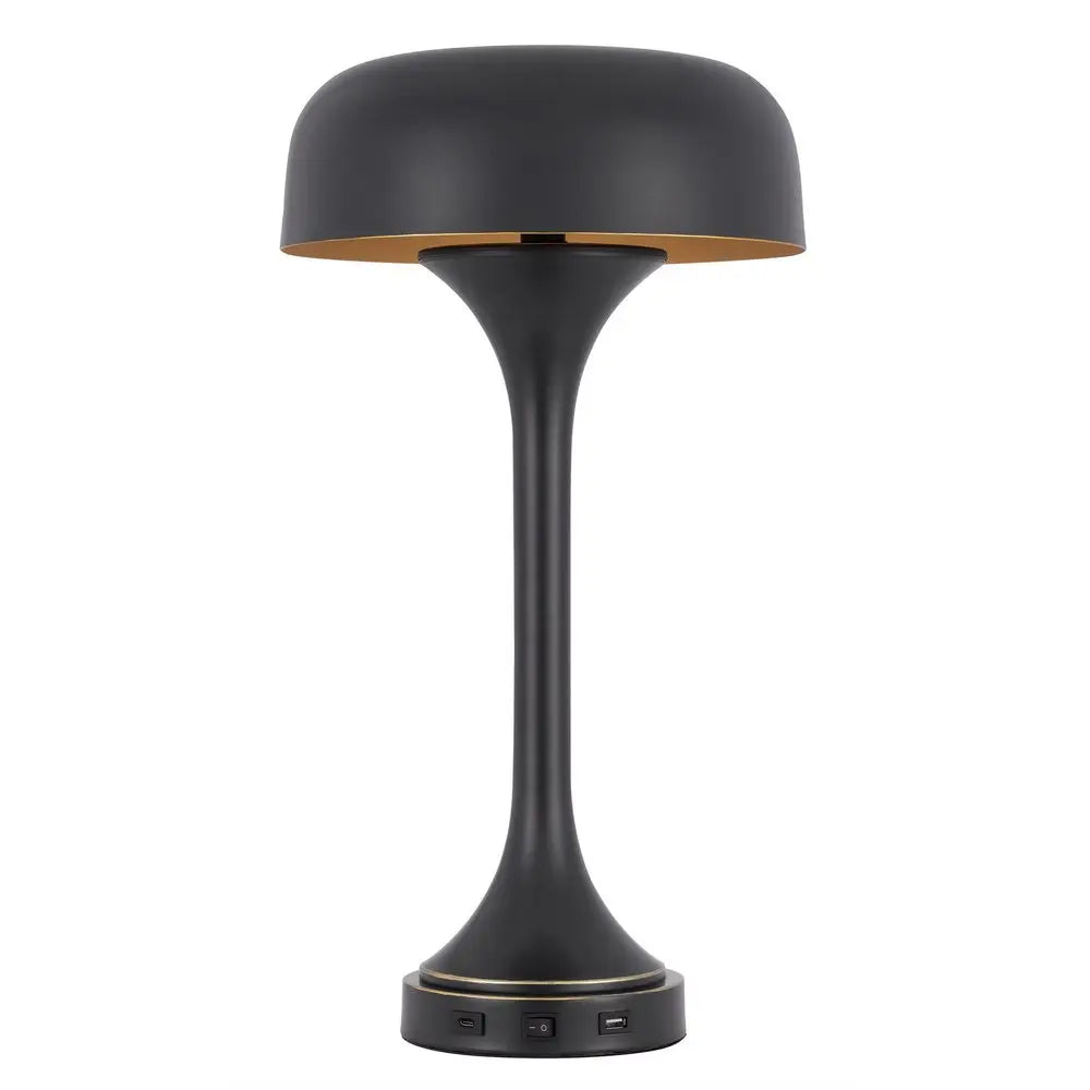 22" Black Metal Two Light Novelty USB Table Lamp With Black Dome Shade HomeRoots