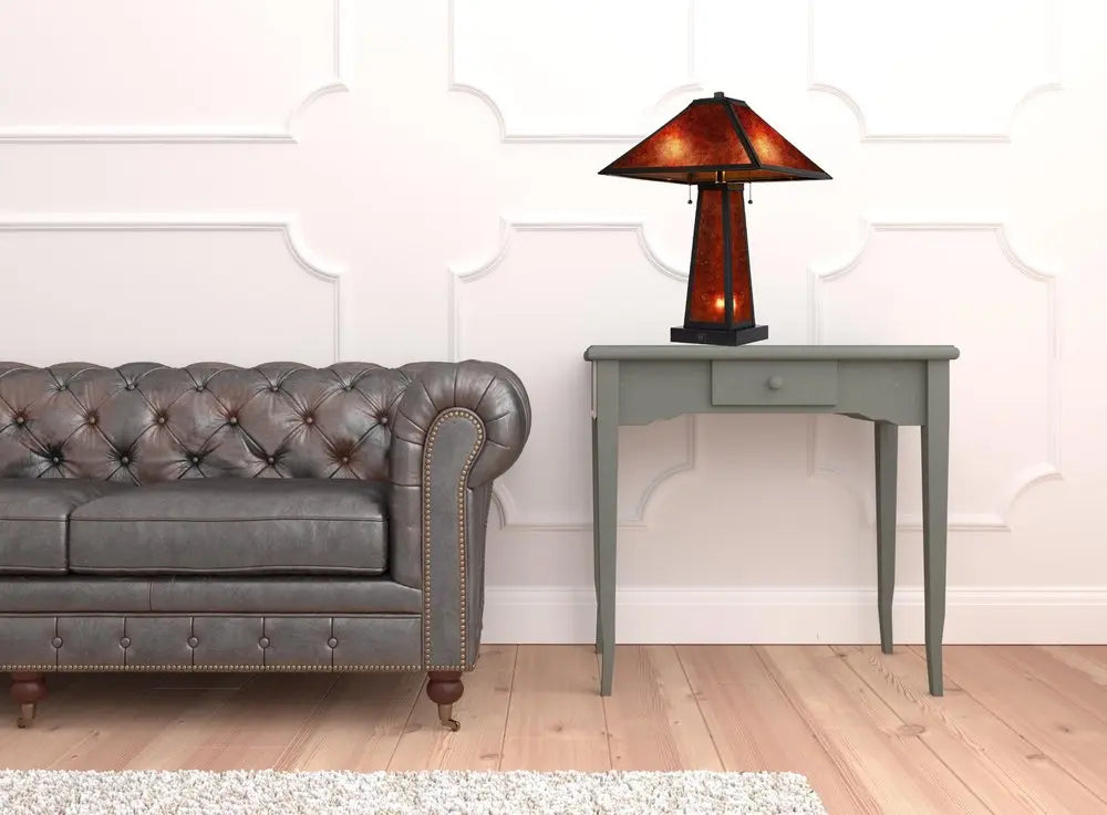 24" Burnt Orange Metal Two Light Table Lamp With Amber Square Shade HomeRoots